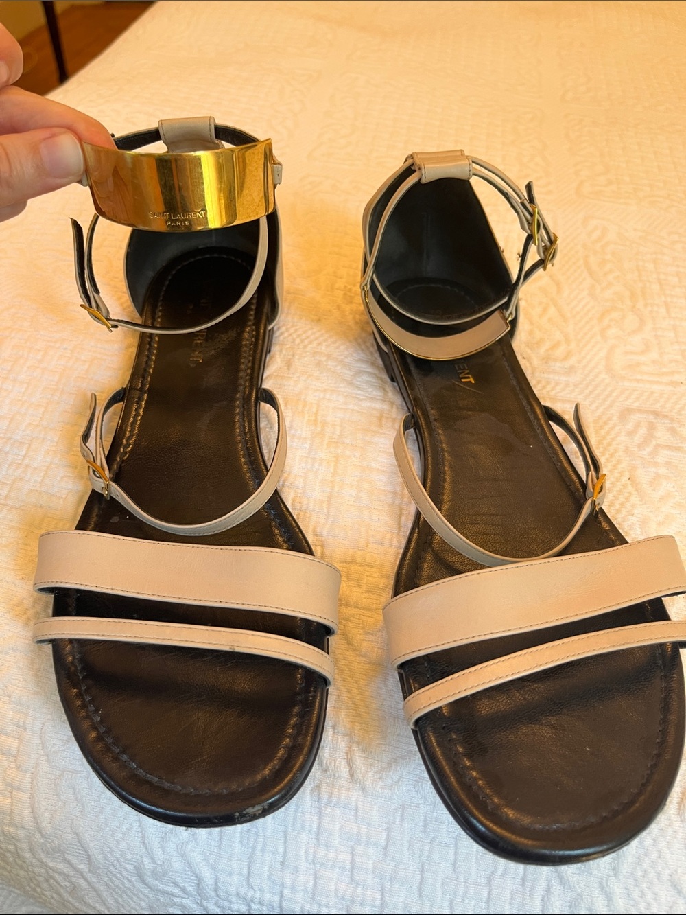 Saint Laurent Black & Beige Leather Ankle-Cuff Flat Sandals